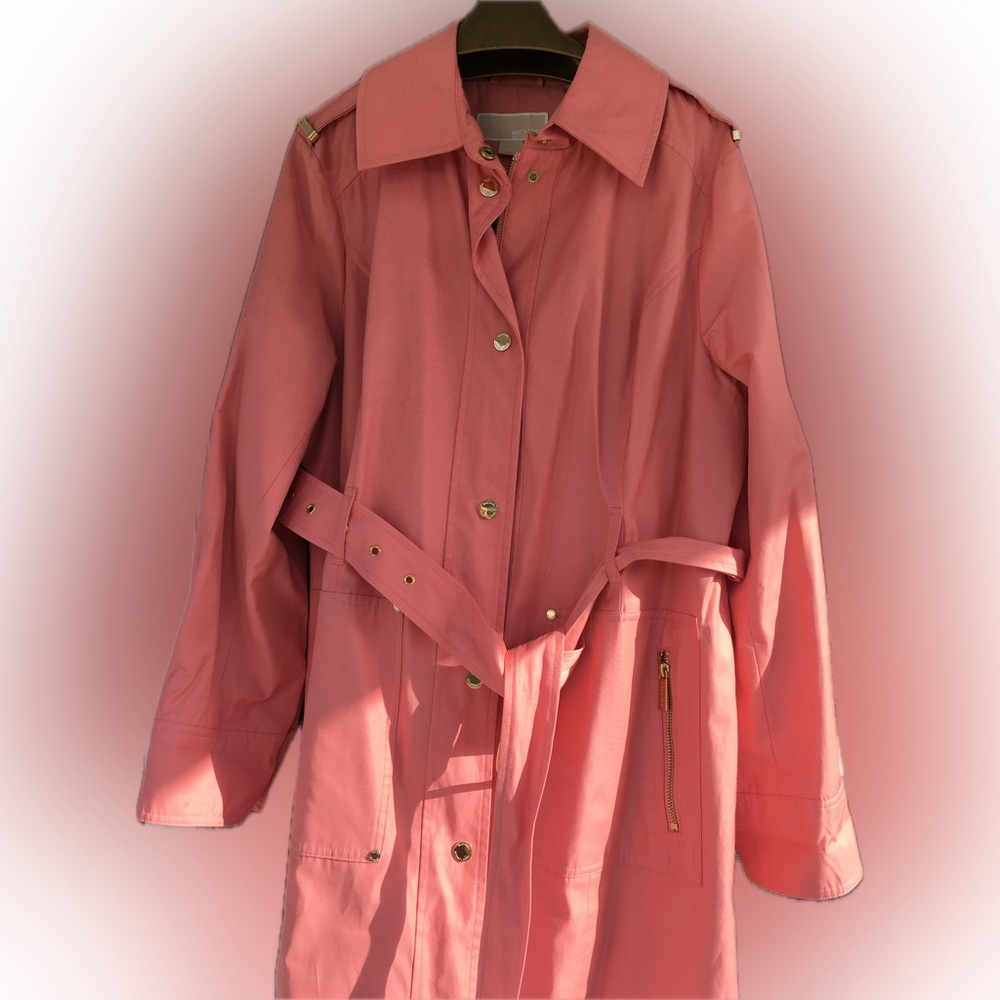 Michael Kors Belted Trench Rain Coat Zipper & Snap Pinkish Salmon Large EUC
